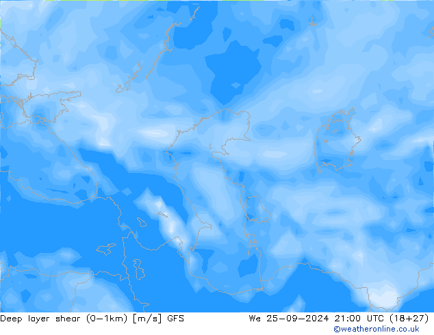 Deep layer shear (0-1km) GFS mer 25.09.2024 21 UTC