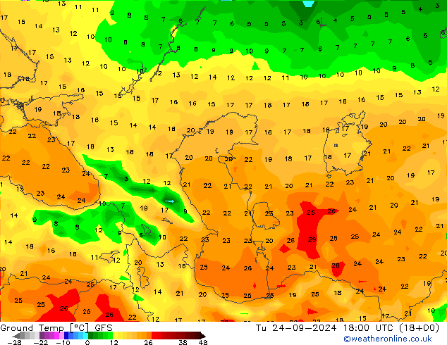 Temp. al suolo GFS mar 24.09.2024 18 UTC