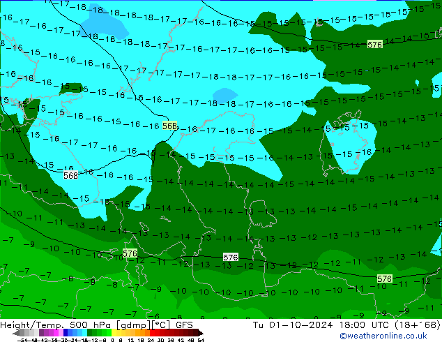 Height/Temp. 500 hPa GFS wto. 01.10.2024 18 UTC