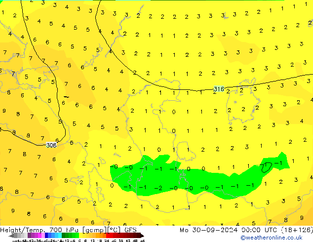 Height/Temp. 700 hPa GFS Mo 30.09.2024 00 UTC