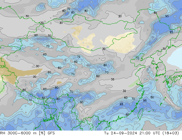 RH 3000-6000 m GFS вт 24.09.2024 21 UTC