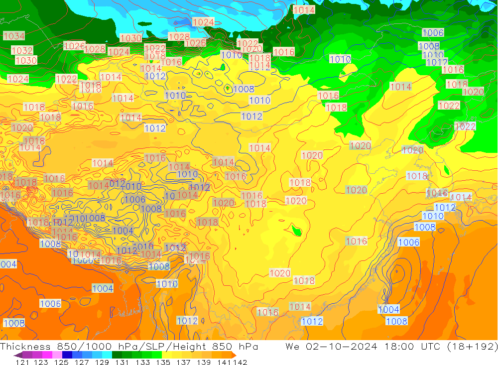 Thck 850-1000 hPa GFS We 02.10.2024 18 UTC