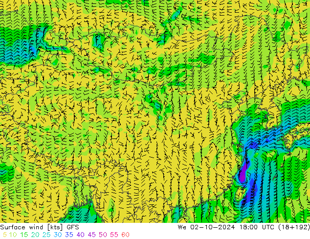 ветер 10 m GFS ср 02.10.2024 18 UTC