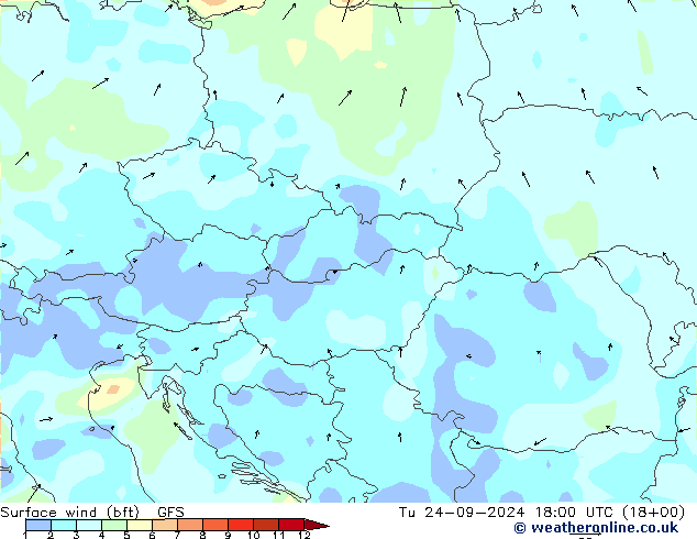 Surface wind (bft) GFS Tu 24.09.2024 18 UTC