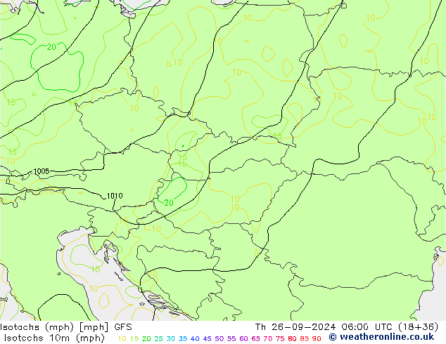 Isotachs (mph) GFS Th 26.09.2024 06 UTC