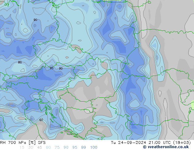 RH 700 hPa GFS Út 24.09.2024 21 UTC