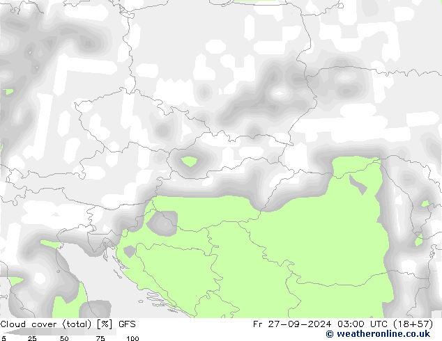 Cloud cover (total) GFS Fr 27.09.2024 03 UTC