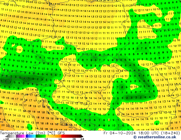 Temperature Low (2m) GFS Fr 04.10.2024 18 UTC