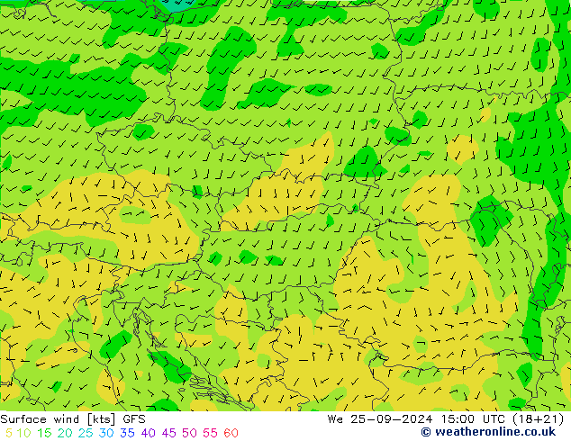 wiatr 10 m GFS śro. 25.09.2024 15 UTC