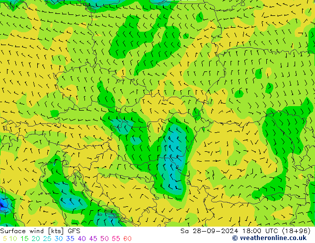 ветер 10 m GFS сб 28.09.2024 18 UTC