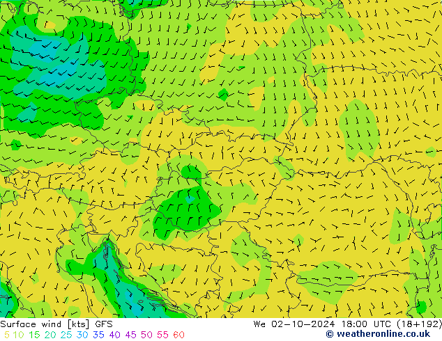 ветер 10 m GFS ср 02.10.2024 18 UTC