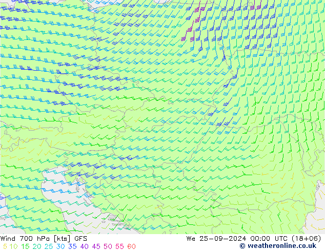 Wind 700 hPa GFS We 25.09.2024 00 UTC