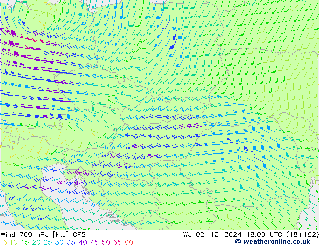 Viento 700 hPa GFS mié 02.10.2024 18 UTC