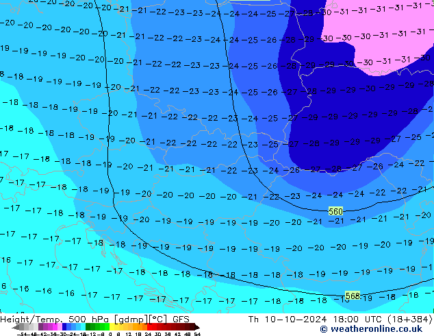 Z500/Rain (+SLP)/Z850 GFS Qui 10.10.2024 18 UTC