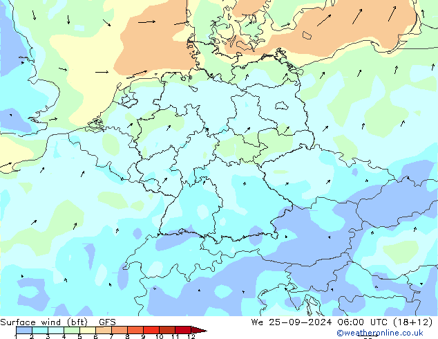 Vento 10 m (bft) GFS mer 25.09.2024 06 UTC