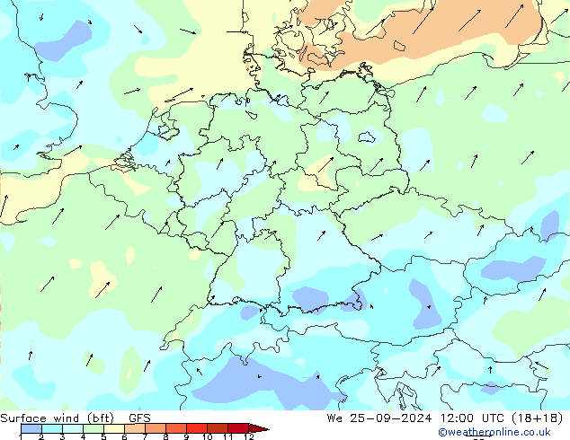 wiatr 10 m (bft) GFS śro. 25.09.2024 12 UTC