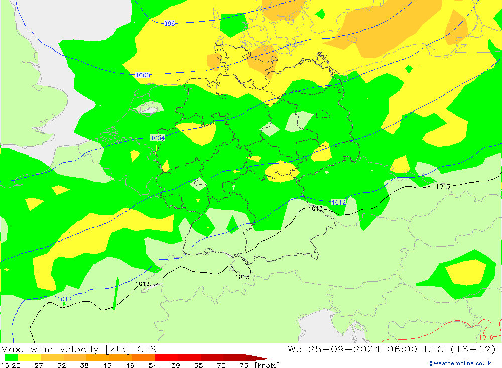 Max. wind velocity GFS mié 25.09.2024 06 UTC