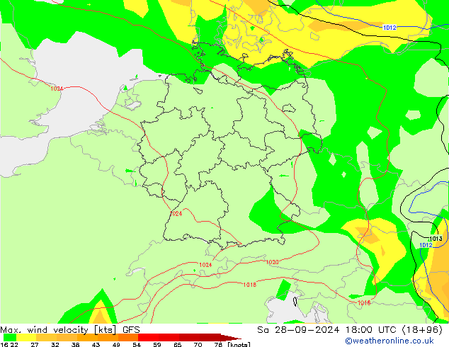 Max. wind velocity GFS sab 28.09.2024 18 UTC