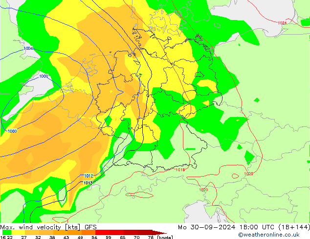 Max. wind velocity GFS lun 30.09.2024 18 UTC