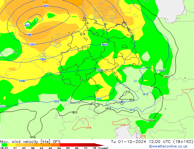 Max. wind velocity GFS Út 01.10.2024 12 UTC