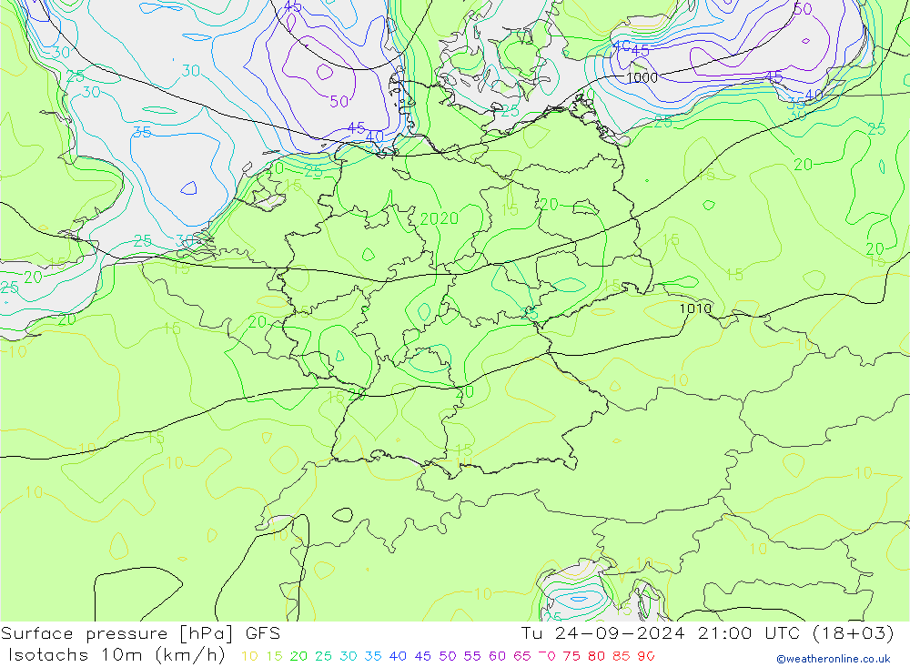 Isotachs (kph) GFS вт 24.09.2024 21 UTC