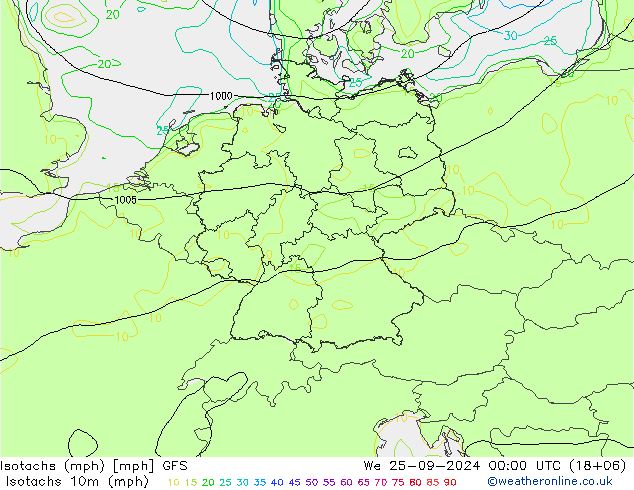 Isotachen (mph) GFS Mi 25.09.2024 00 UTC