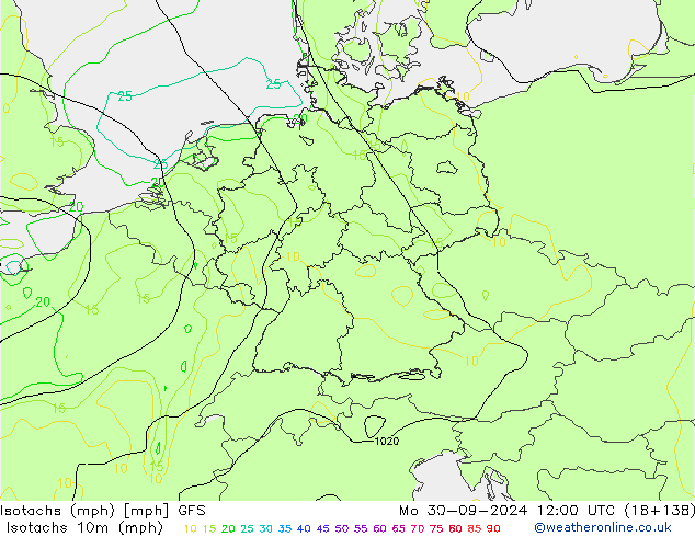 Isotachs (mph) GFS  30.09.2024 12 UTC