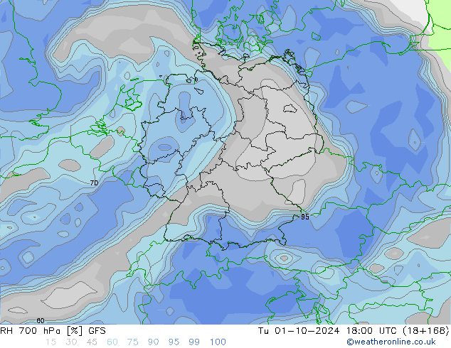 RH 700 hPa GFS Út 01.10.2024 18 UTC