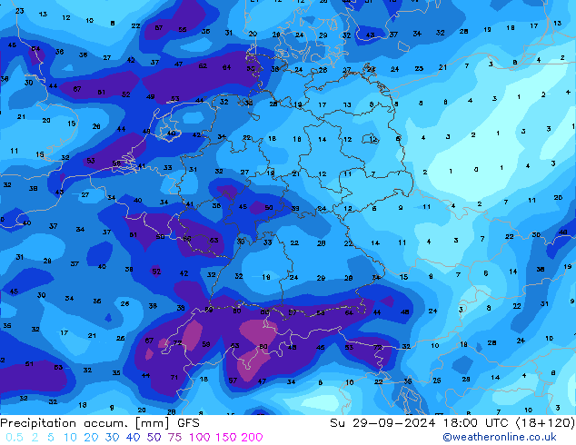 Precipitation accum. GFS dom 29.09.2024 18 UTC