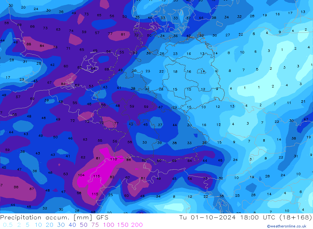 Precipitation accum. GFS Tu 01.10.2024 18 UTC