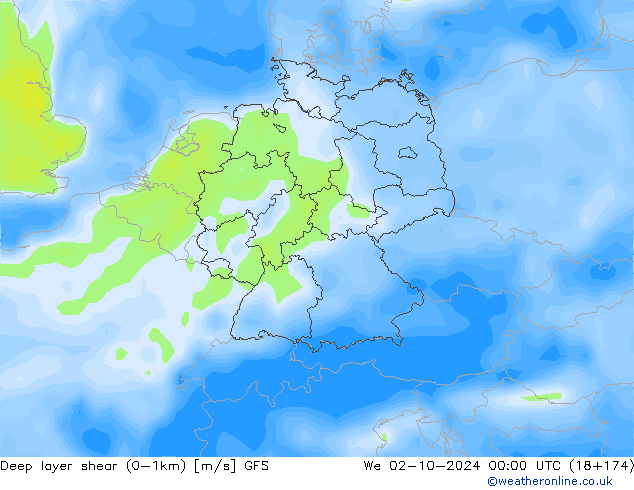 Deep layer shear (0-1km) GFS ср 02.10.2024 00 UTC