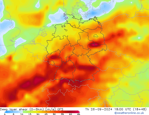 Deep layer shear (0-6km) GFS Th 26.09.2024 18 UTC