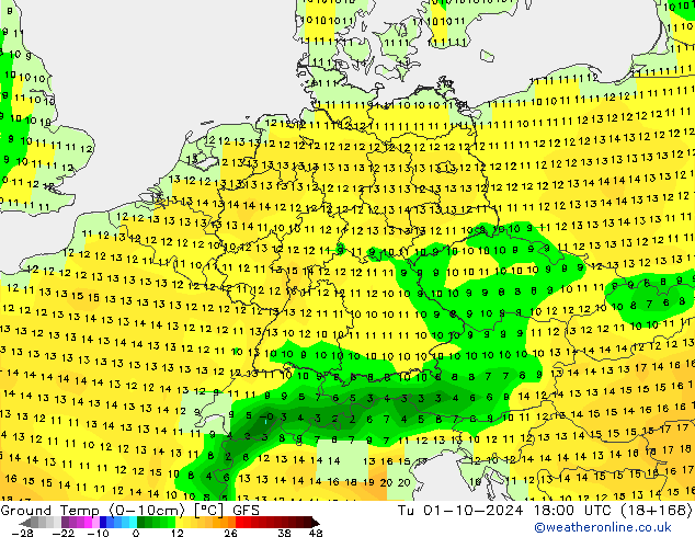 Temperatura del suelo (0-10cm) GFS mar 01.10.2024 18 UTC