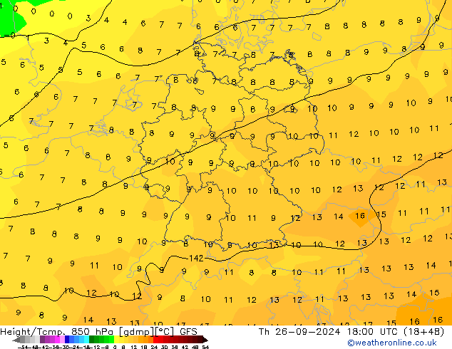 Géop./Temp. 850 hPa GFS jeu 26.09.2024 18 UTC