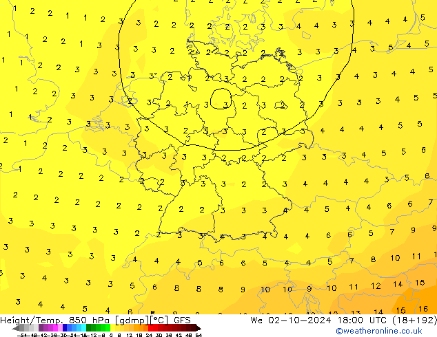 Height/Temp. 850 hPa GFS Mi 02.10.2024 18 UTC