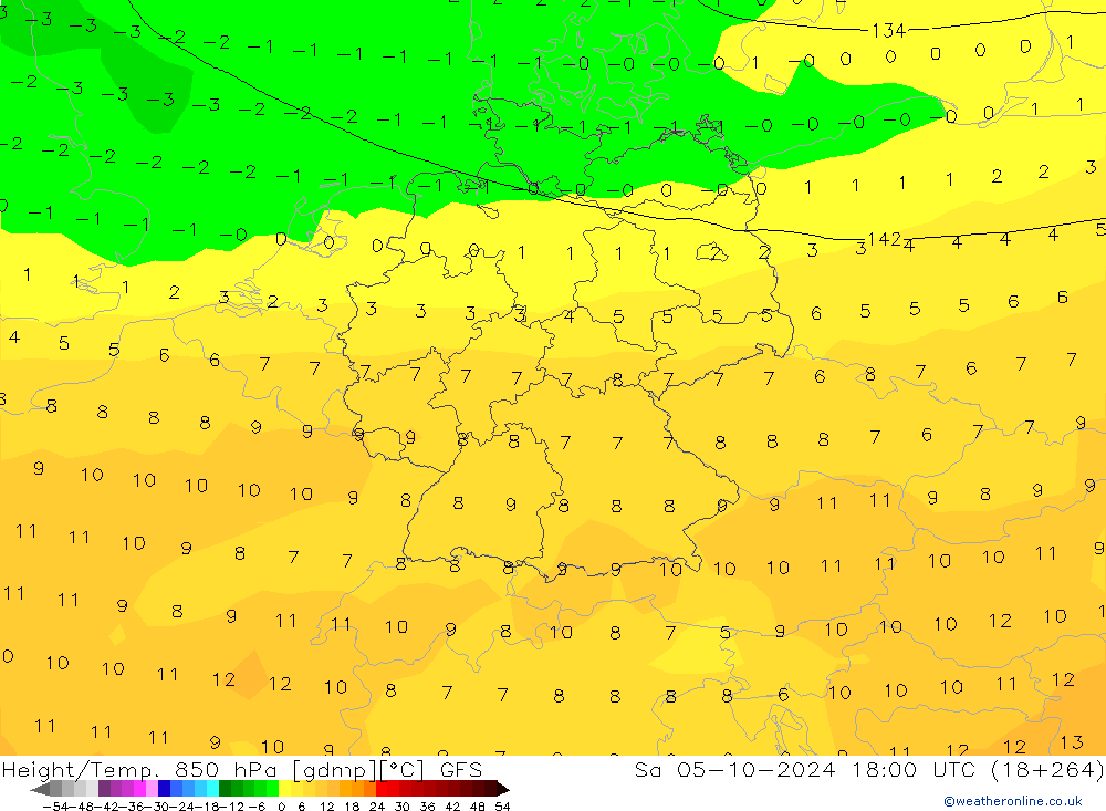 Height/Temp. 850 hPa GFS Sa 05.10.2024 18 UTC