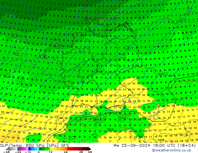 SLP/Temp. 850 hPa GFS We 25.09.2024 18 UTC