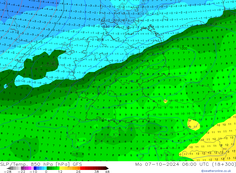 SLP/Temp. 850 hPa GFS Mo 07.10.2024 06 UTC