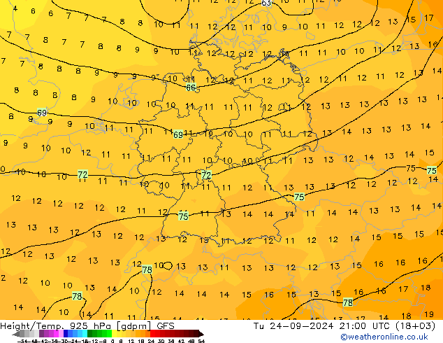 Height/Temp. 925 hPa GFS Tu 24.09.2024 21 UTC