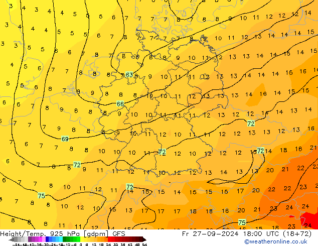 Yükseklik/Sıc. 925 hPa GFS Cu 27.09.2024 18 UTC