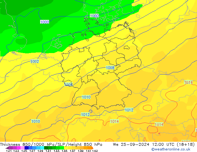 Thck 850-1000 hPa GFS We 25.09.2024 12 UTC
