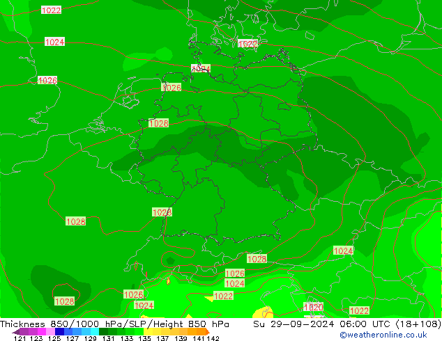 Schichtdicke 850-1000 hPa GFS So 29.09.2024 06 UTC