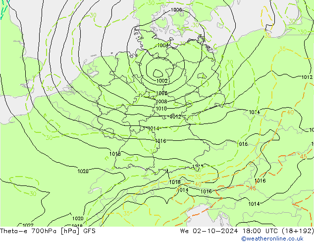 Theta-e 700hPa GFS wo 02.10.2024 18 UTC