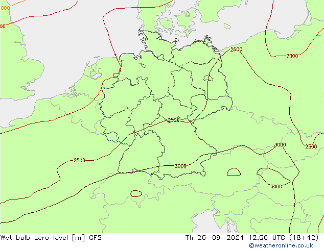 Wet bulb zero level GFS czw. 26.09.2024 12 UTC