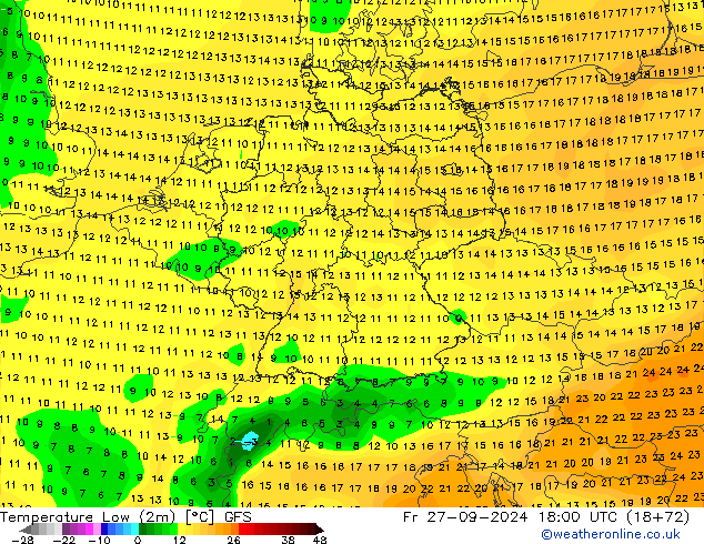 Temperature Low (2m) GFS Fr 27.09.2024 18 UTC