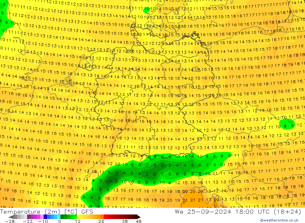 Temperature (2m) GFS We 25.09.2024 18 UTC