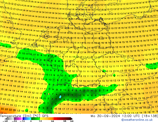 Temperatuurkaart (2m) GFS ma 30.09.2024 12 UTC