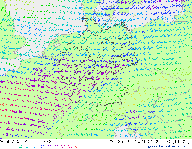 Wind 700 hPa GFS wo 25.09.2024 21 UTC