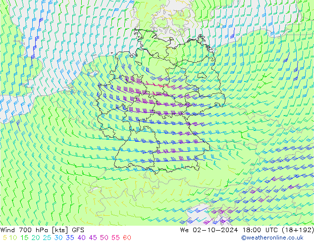 Vento 700 hPa GFS mer 02.10.2024 18 UTC