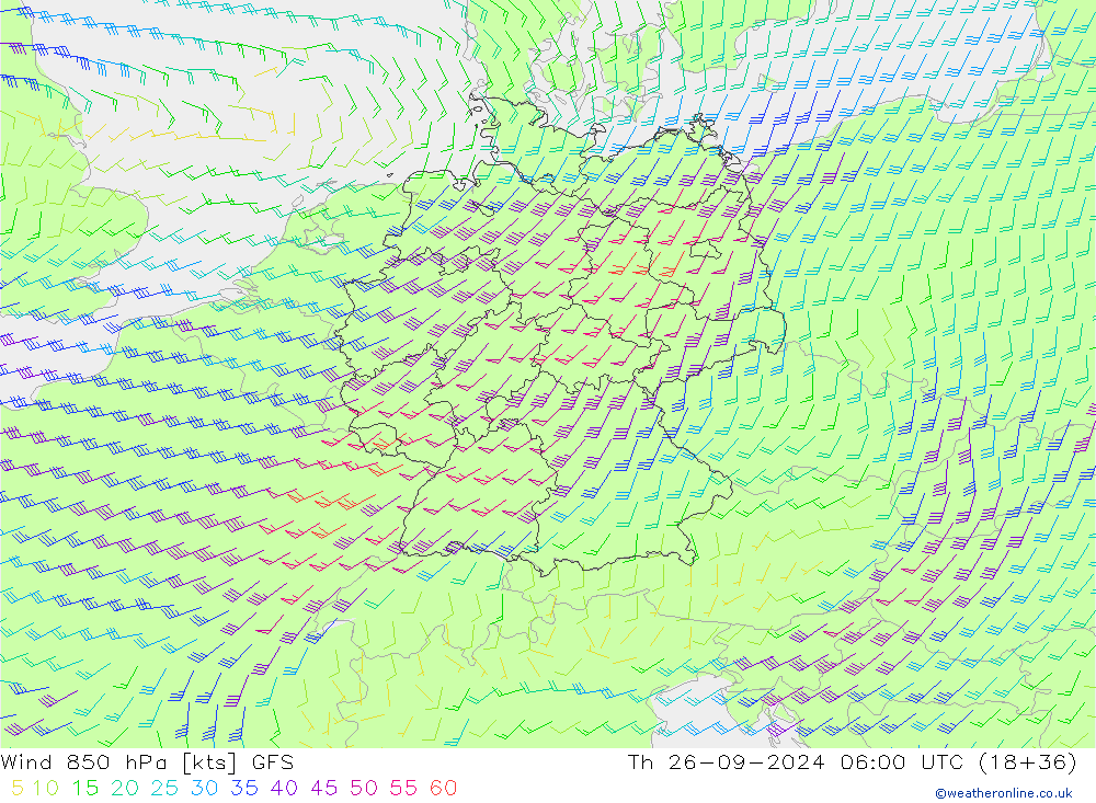 ветер 850 гПа GFS чт 26.09.2024 06 UTC